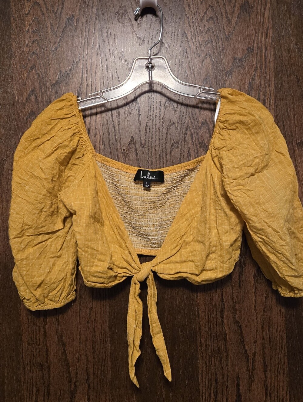 Lulu's Mustard Tie-Front Puff Sleeve Crop Top
